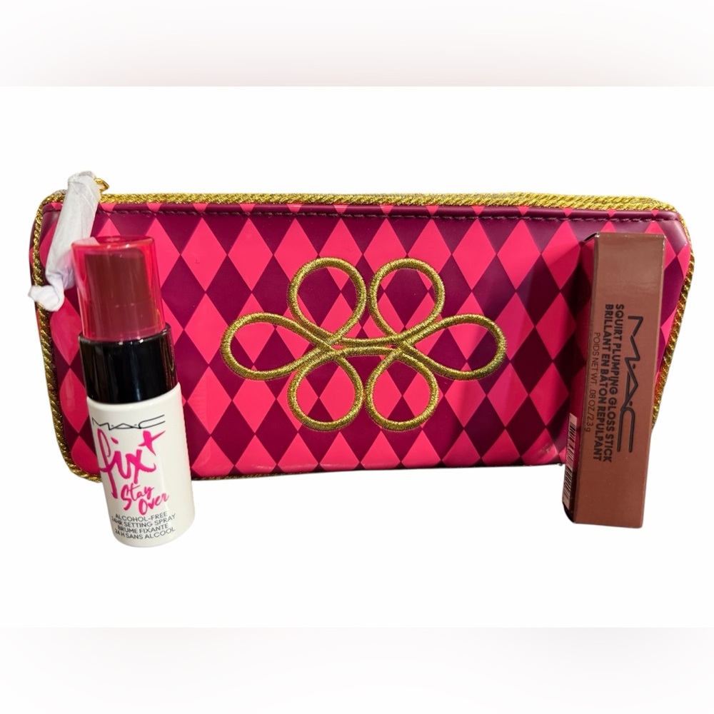 MAC Cosmetics 
Squirt Plumping + Nourishing Lip Gloss & Mini Fix it. Makeup Bag